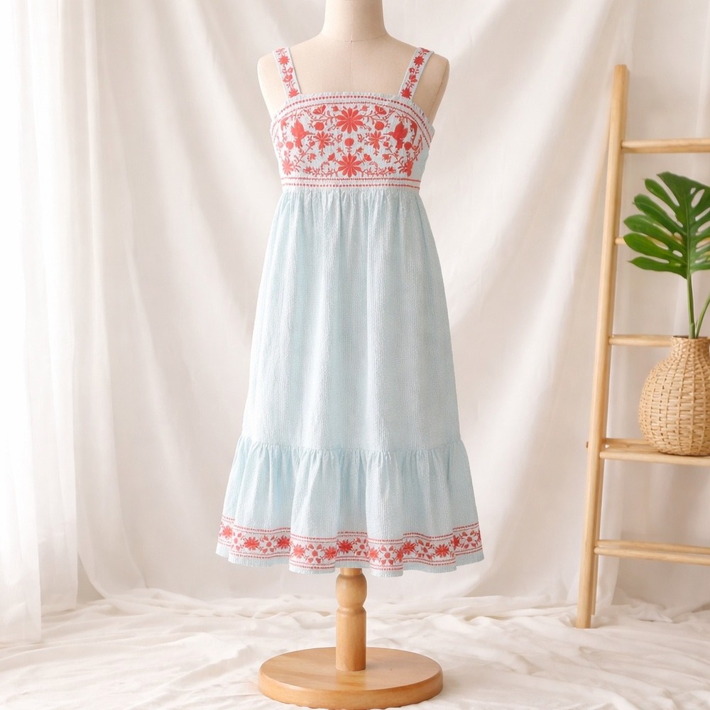 Layerz Clothing Blue Seersucker Embroidered Floral Bird Midi Dress Large CR528